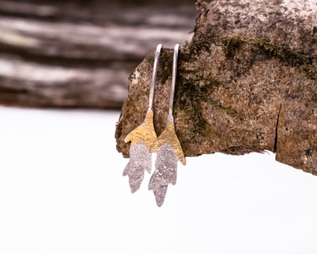 silver and gold leaf drop earrings